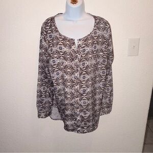 attention Scoop Neck Long Sleeve Tunic in Blue and Brown